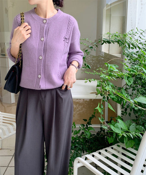 リボンワンポイントニットカーディガン秋冬 レディース パール調ボタン ニットトップス 長袖 ニットアウター クルーネック セーター 韓国風 ベーシック ニット羽織 2HUANYI-001